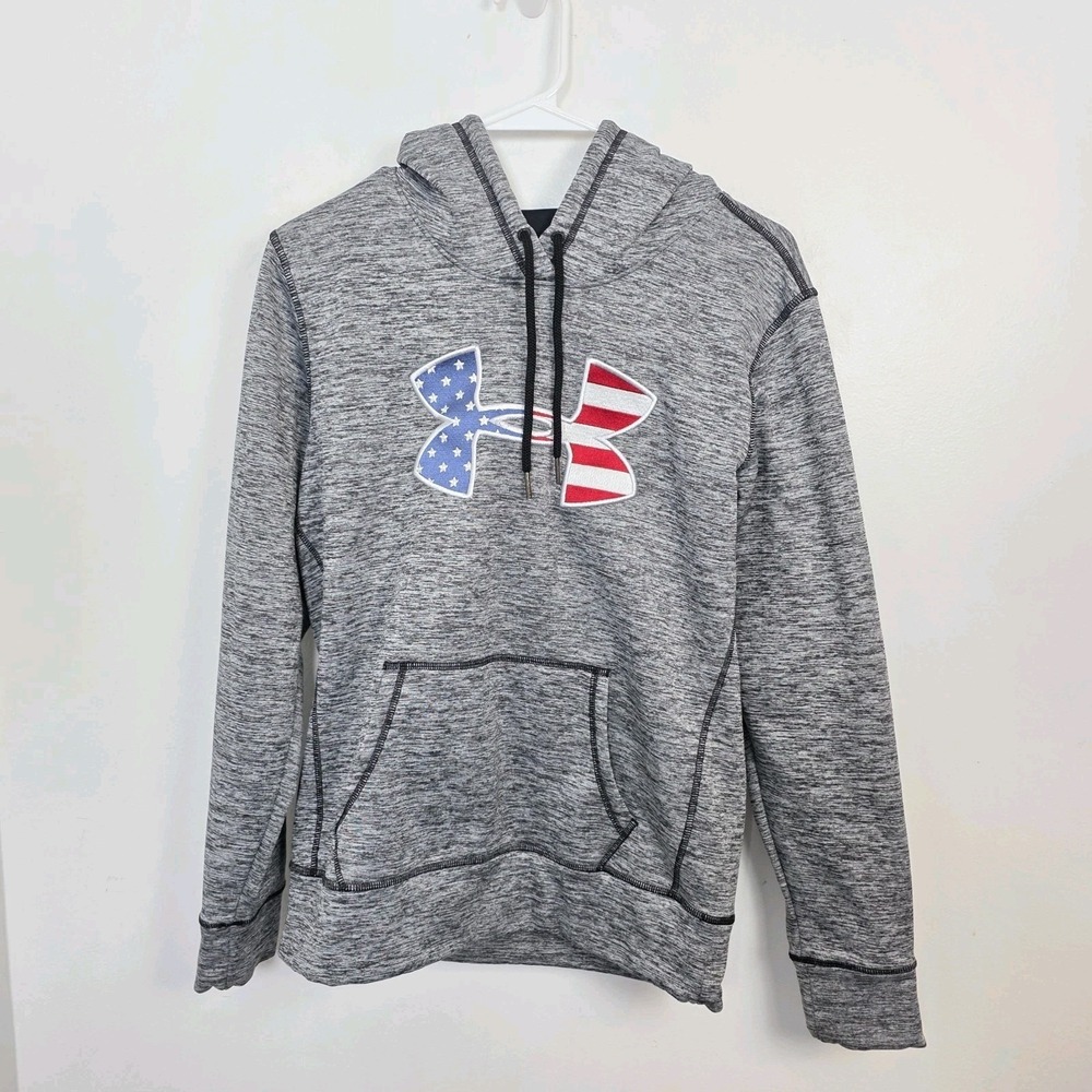 Under Armour Gray Heathered American Flag Logo Hooded Loose Sweatshirt Sz S